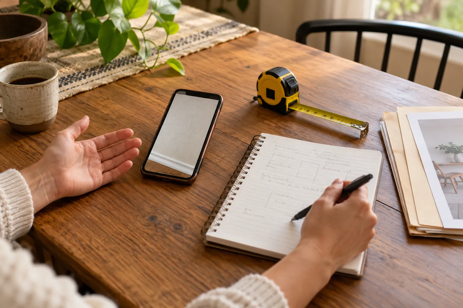 Notebook, phone and tape measure used to document mold for an estimate in the Washington area