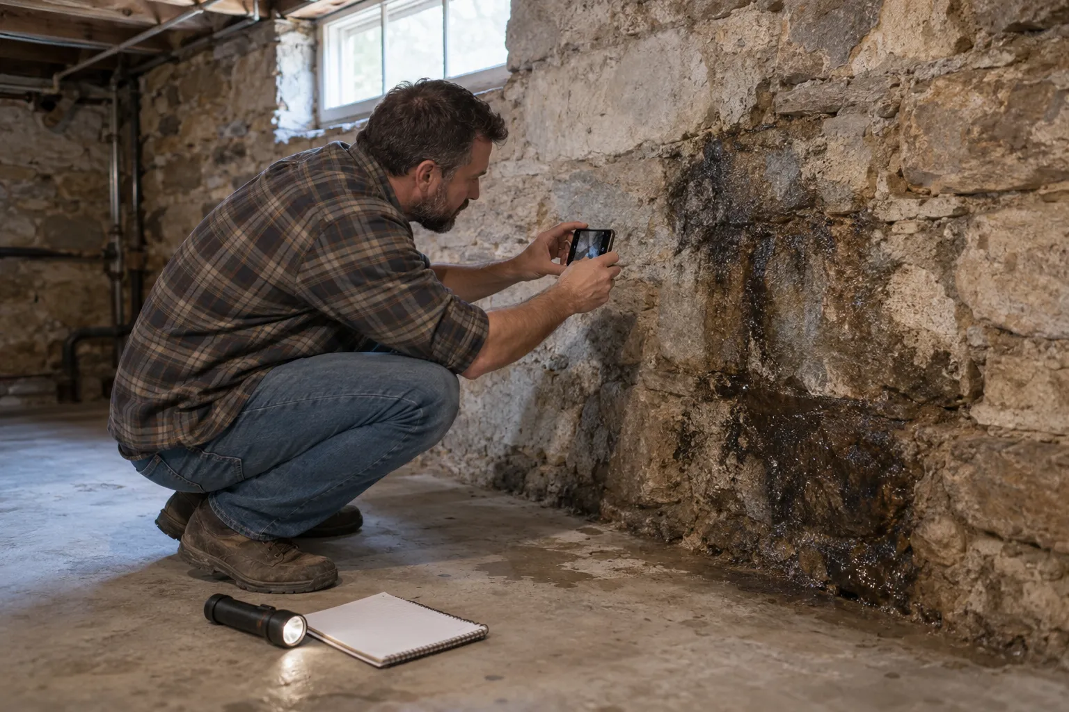 Homeowner photographing a damp basement wall in Washington before requesting a mold estimate